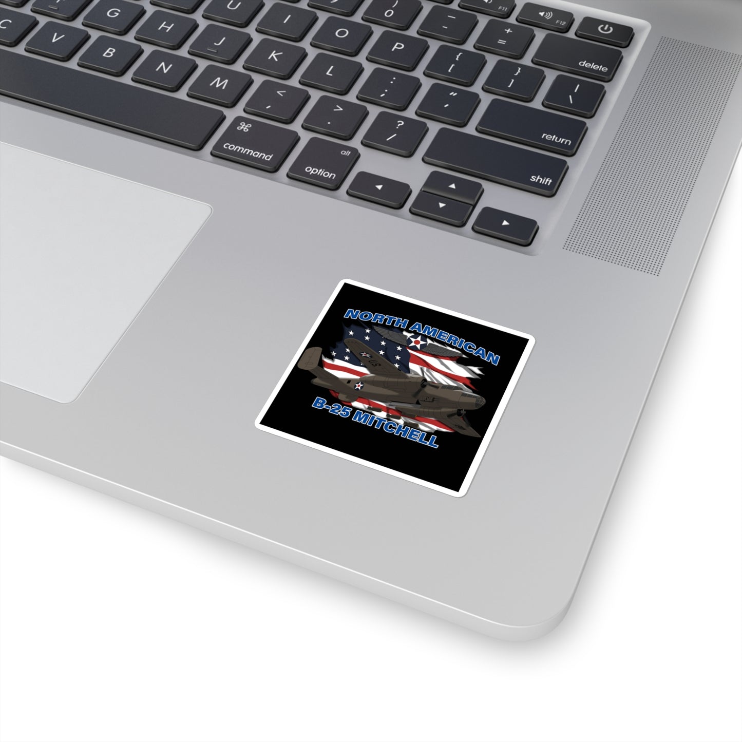 B-25 Mitchell Square Sticker — North American Bomber with US Flag Design