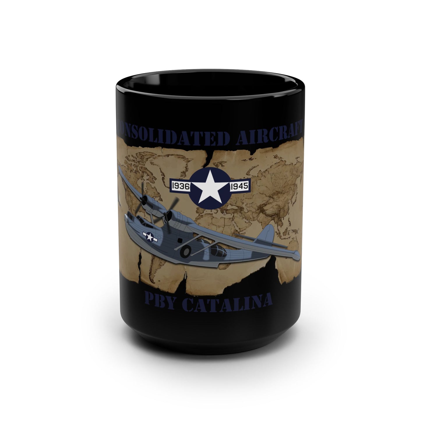 Consolidated Aircraft PBY Catalina 15oz Black Coffee Mug — WWII Seaplane Map Design
