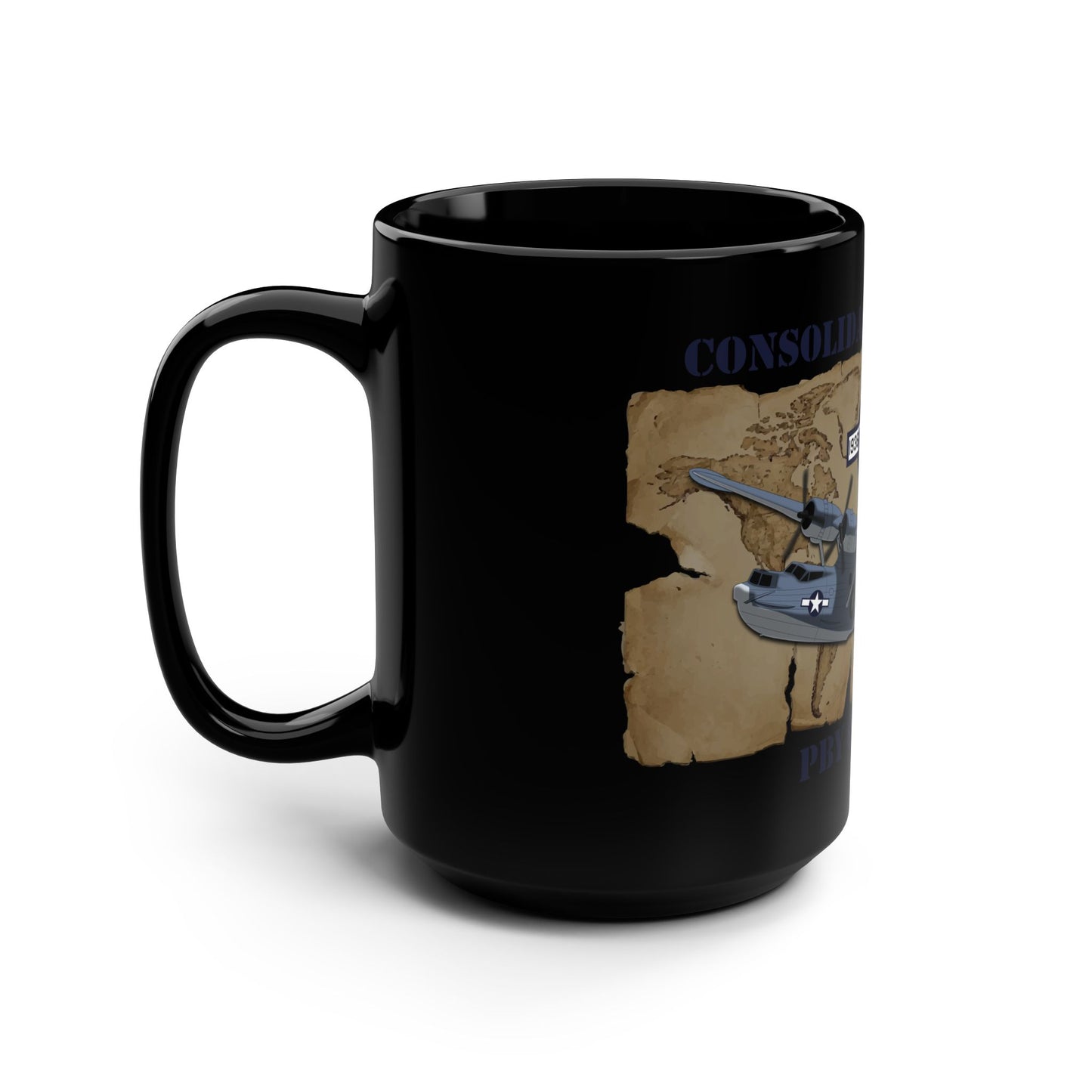 Consolidated Aircraft PBY Catalina 15oz Black Coffee Mug — WWII Seaplane Map Design