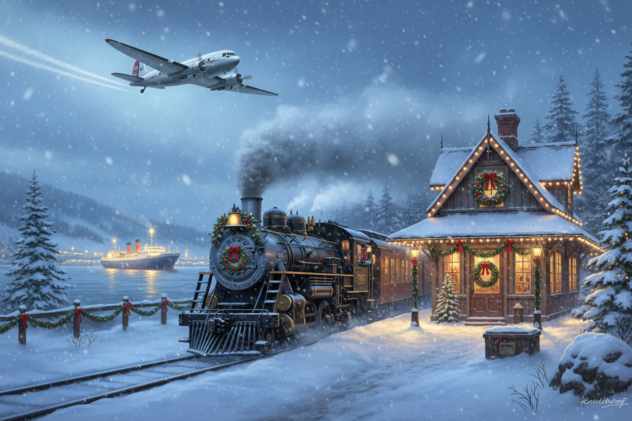 A snow wintery scene with a vintage steam engine pulling up to a small town station as we see a DC-3 style airplane passing over head and in the distant harbor a ship entering, the theme is christmas and festive